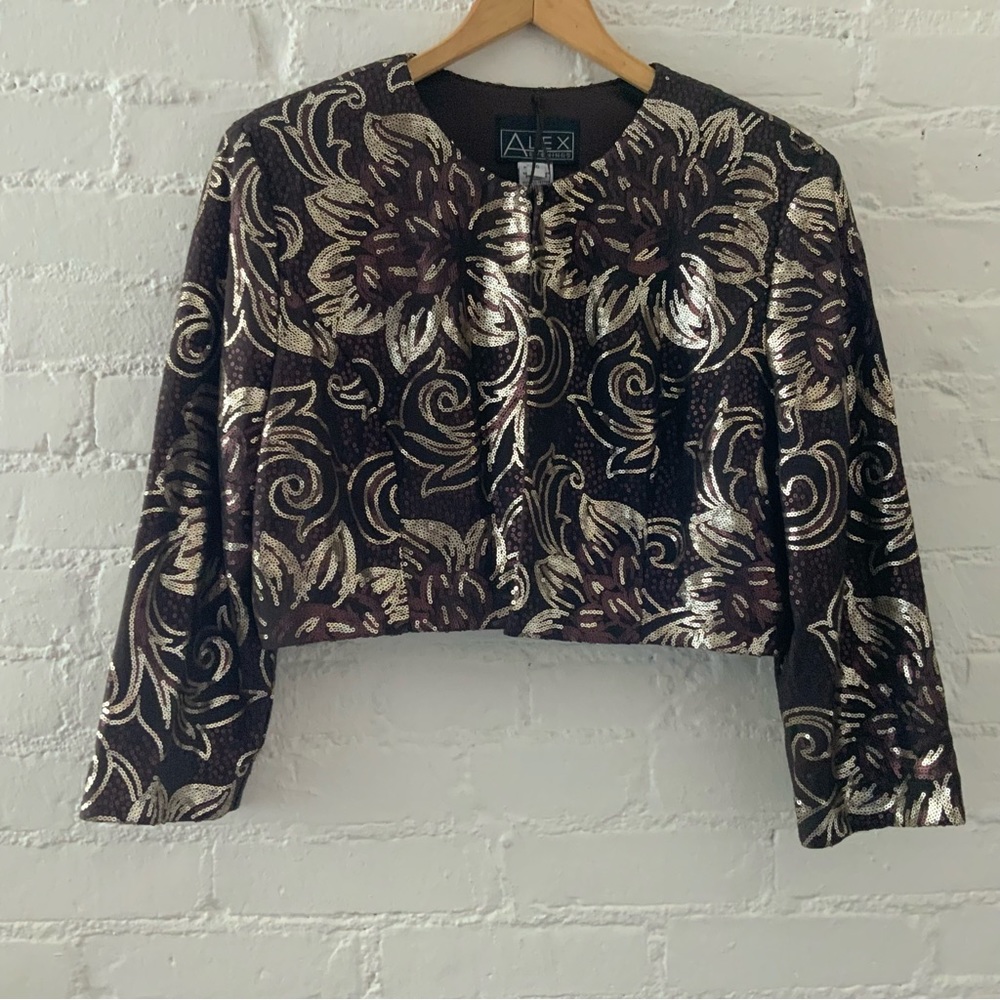 Alex Evenings Sequin Bolero Jacket Brown Gold 3/4 Sleeve Womens Size 16